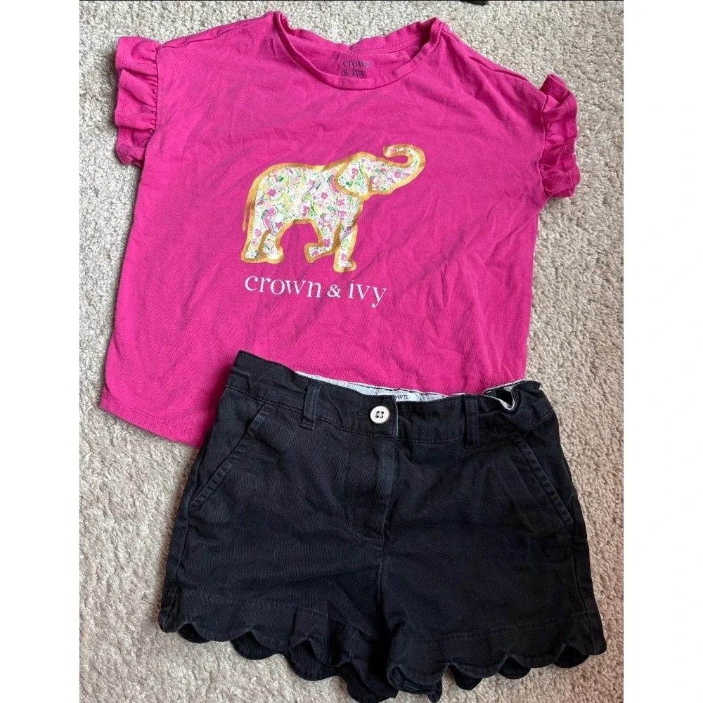 Crown & Ivy Kids Girls Pink Elephant Ruffle Top and Black Scalloped Shorts Set 7
